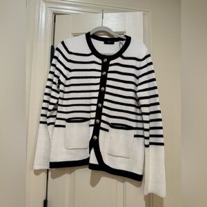 Tahiti Striped Crewneck Button Cardigan Sweater - Black & White